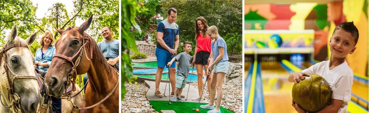 An engaging outdoor scene featuring horses for riding, a family enjoying a game of mini-golf, and a child bowling, all in a sunny, active environment.